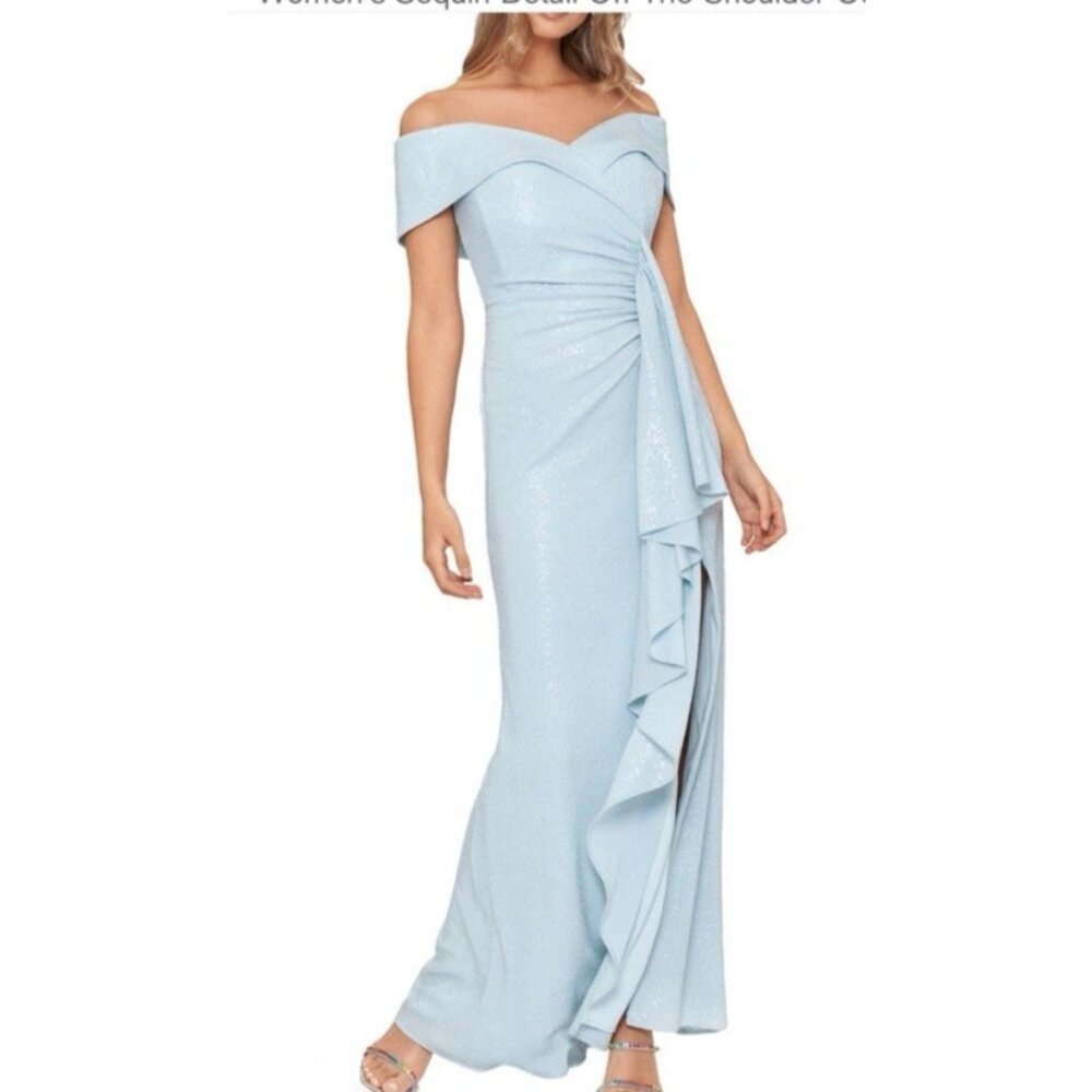 Xscape Evening Gown 10 Light Blue Sequin Formal Off Shoulder Ruffle $288 NEW